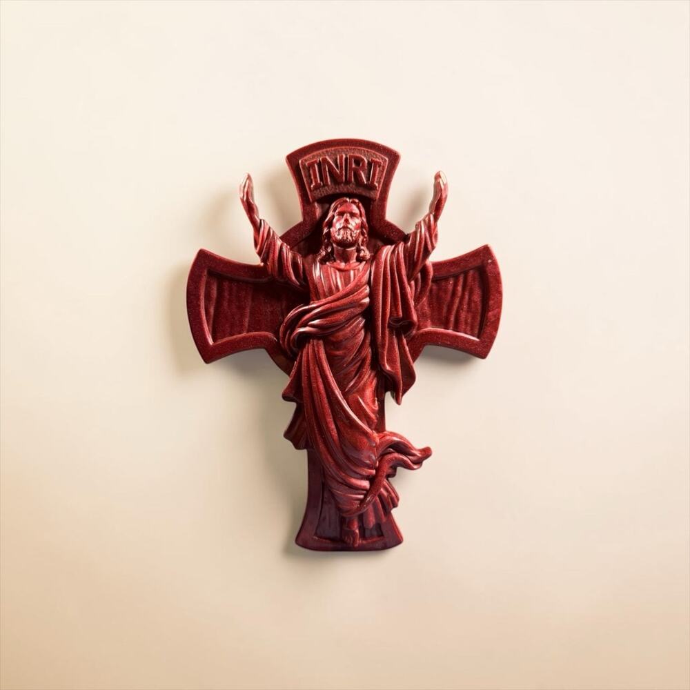 Burgundy Catholic Cross Wall Decor Faith Inspired Home Accent Handcrafted Resin - Picture 3 of 5